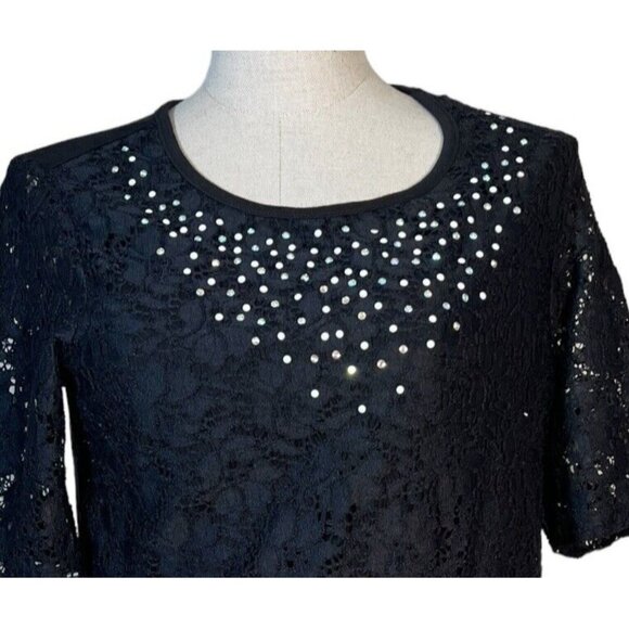 Quacker Factory Tops - Women’s Quacker Factory Lace Black T Shirt Top Embellished Size S Faux Pearl